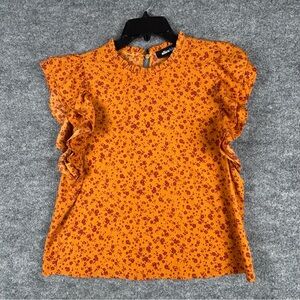 Alice blue Mustard Orange Floral Ruffle Sleeve Top High Neck Blouse Small S